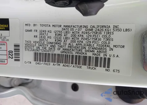 2007 Toyota Tacoma Prerunner V6 from USA, damaged, VIN 5TEJU62N77Z433717
